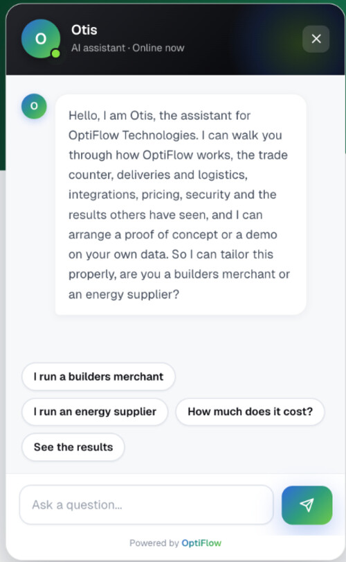 Otis, the OptiFlow AI agent, answering a builders merchant customer enquiry in a live chat window